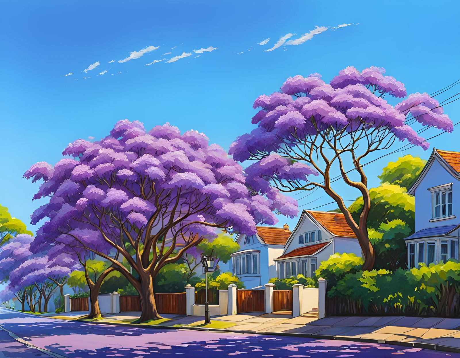 Jacaranda Trees in Bloom: Impressionistic Oil Painting