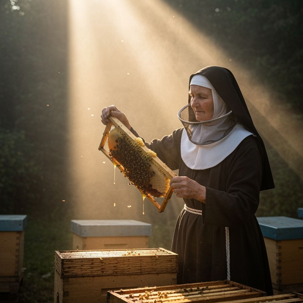 Nun Beekeeper Inspects Hives in Bavarian Convent Garden