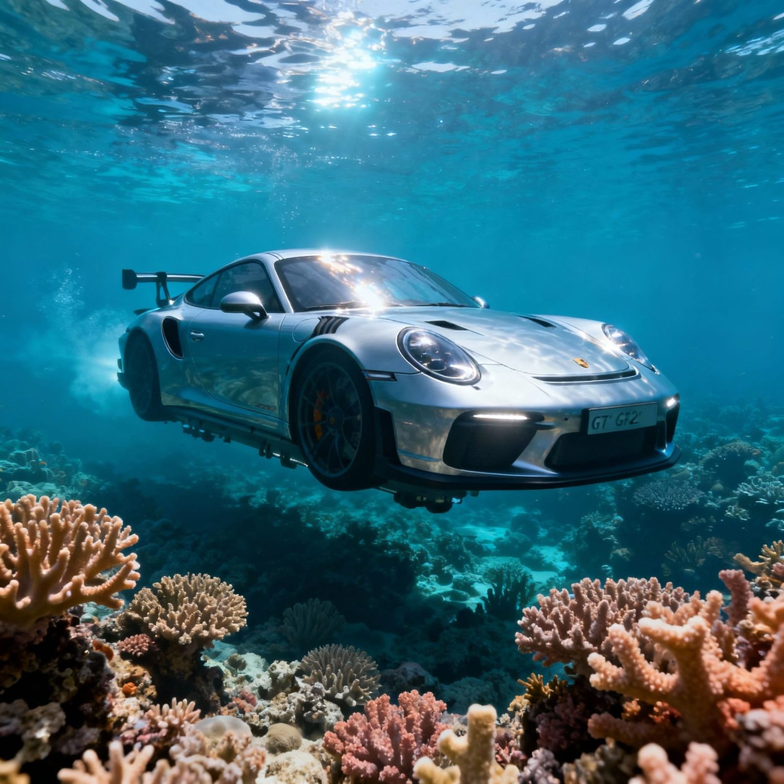 Silver Porsche Submarine Explores Coral Reefs