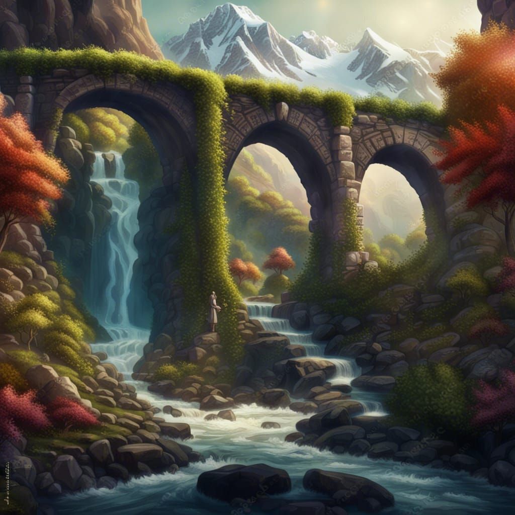 Fantasy Valley with Stone Bridge, Detailed Matte Painting