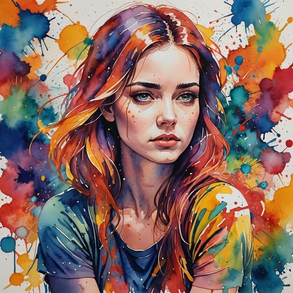 Watercolor Young Woman Deep in Thought