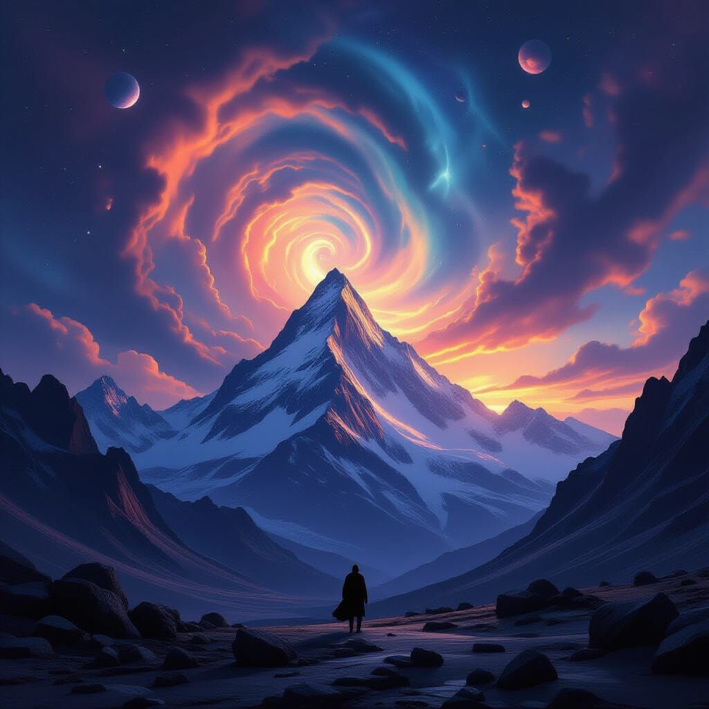 Majestic Mountains Under Alien Nebulae Sky