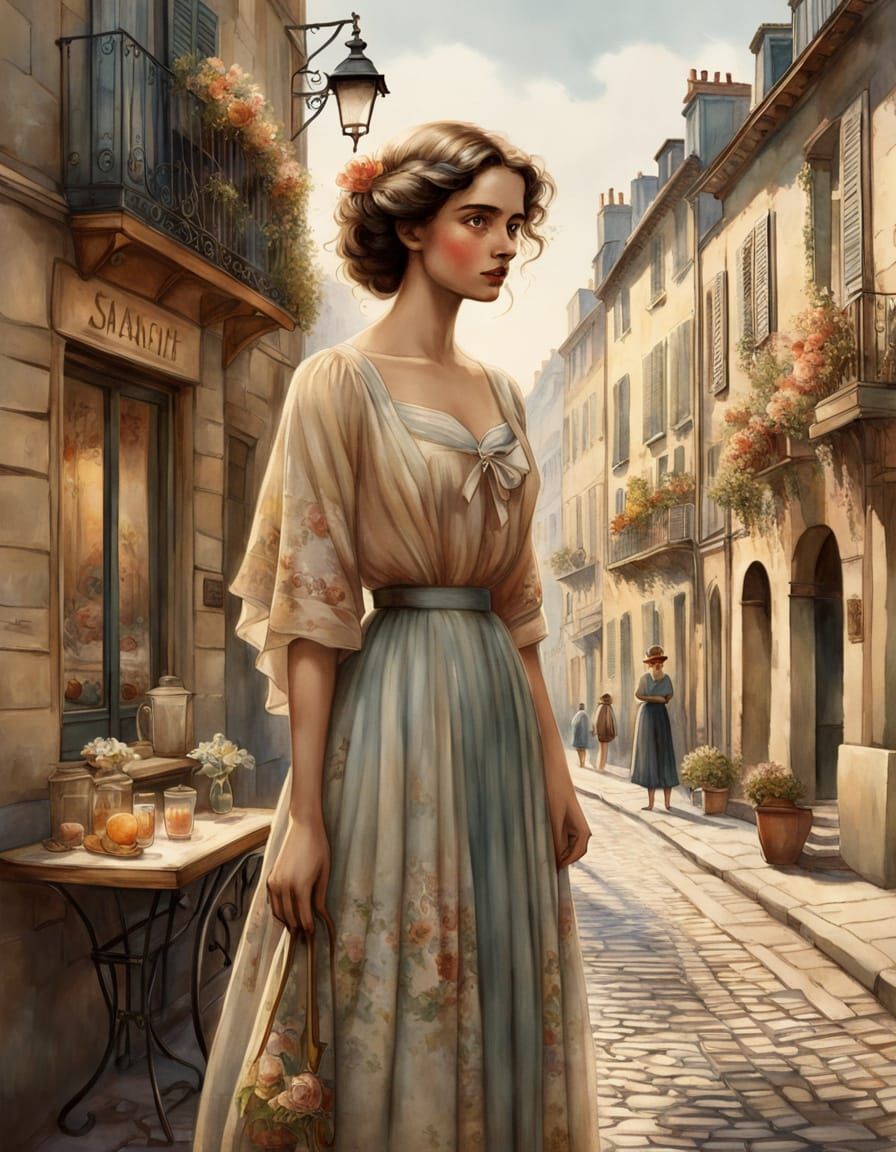 Vintage Illustration of Flower Seller in Mediterranean Villa...