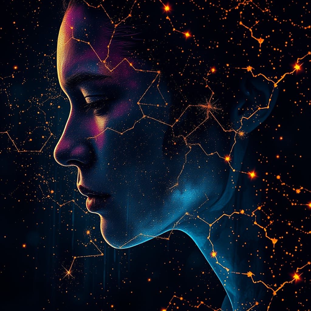 Moody Stardust Portrait with Shimmering Aura, Cinematic