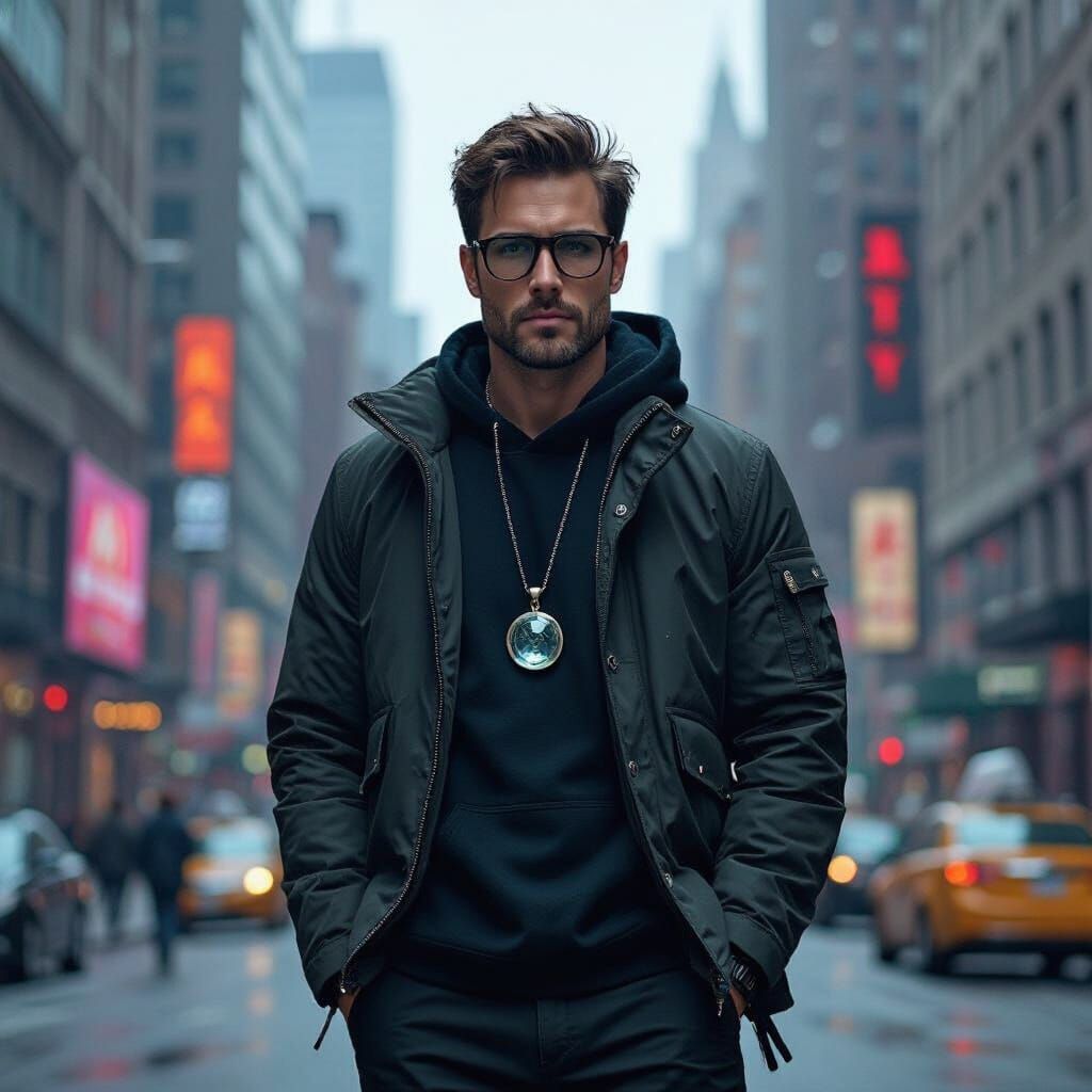 Edgy Man with Pendant in New York Cityscape