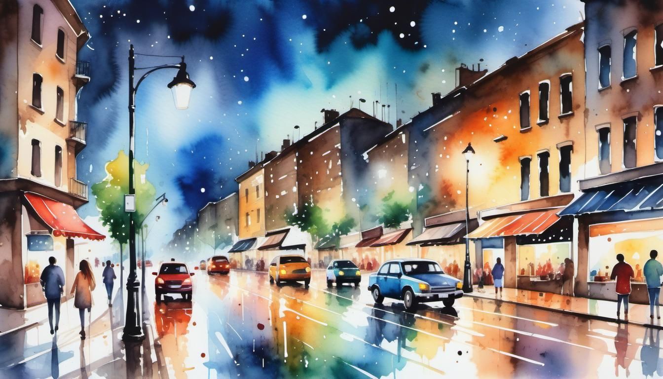 Vibrant Cityscape at Night in Watercolor Style
