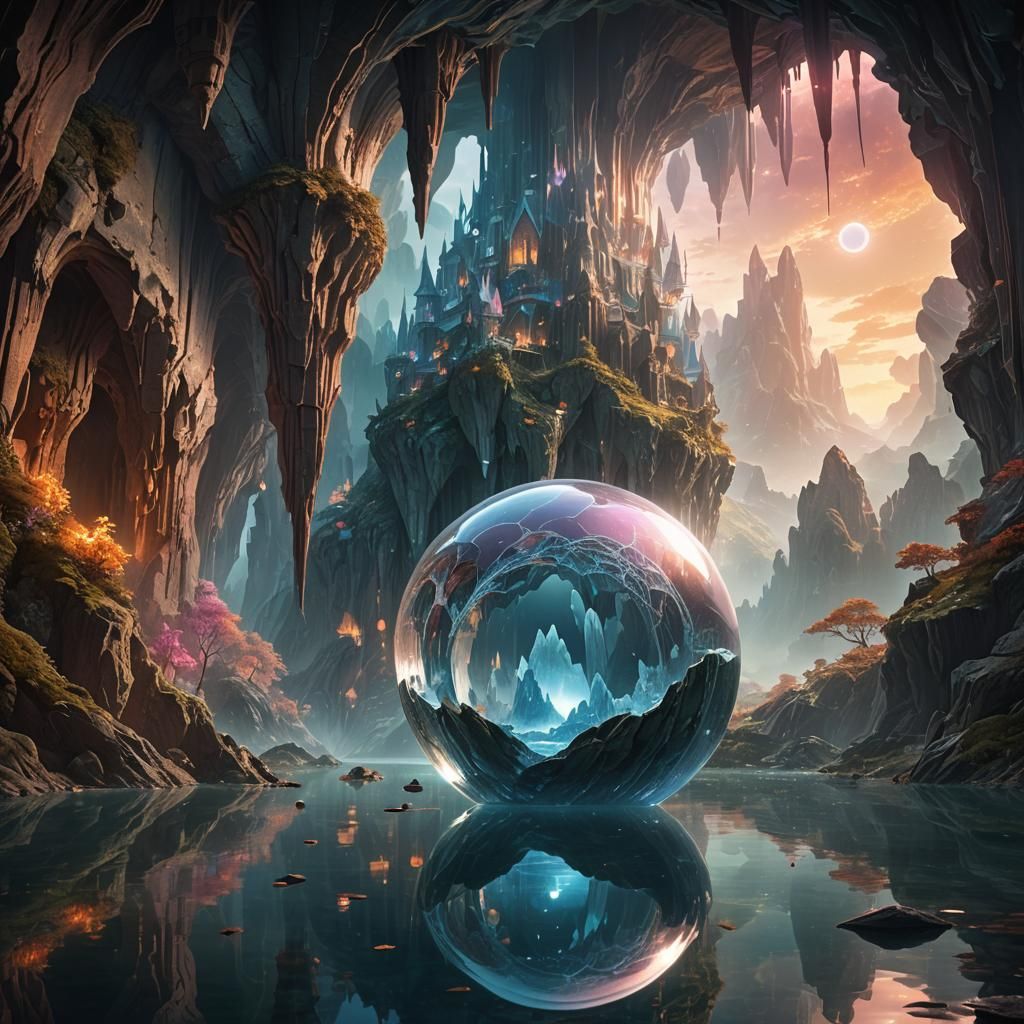 Glowing Crystal Cavern with Lake and Water Sphere