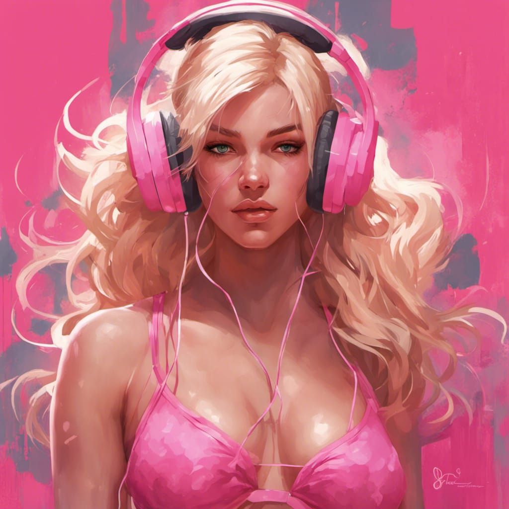 Blonde Girl Portrait with Pink Bikini, Hyperdetailed Art