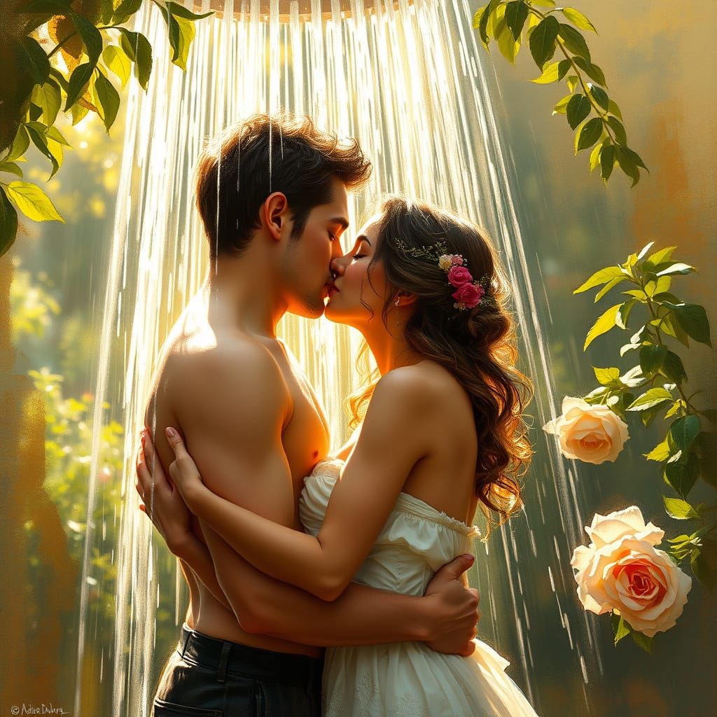 Couple Embracing in a Steamy Impressionist Shower Scene