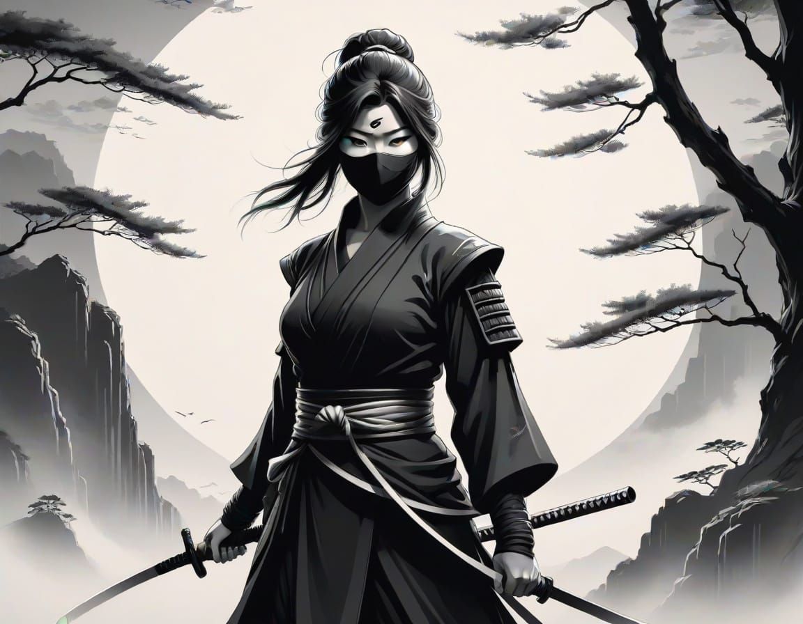 Serene and Mysterious Female Ninja in Minimalist Ink Style