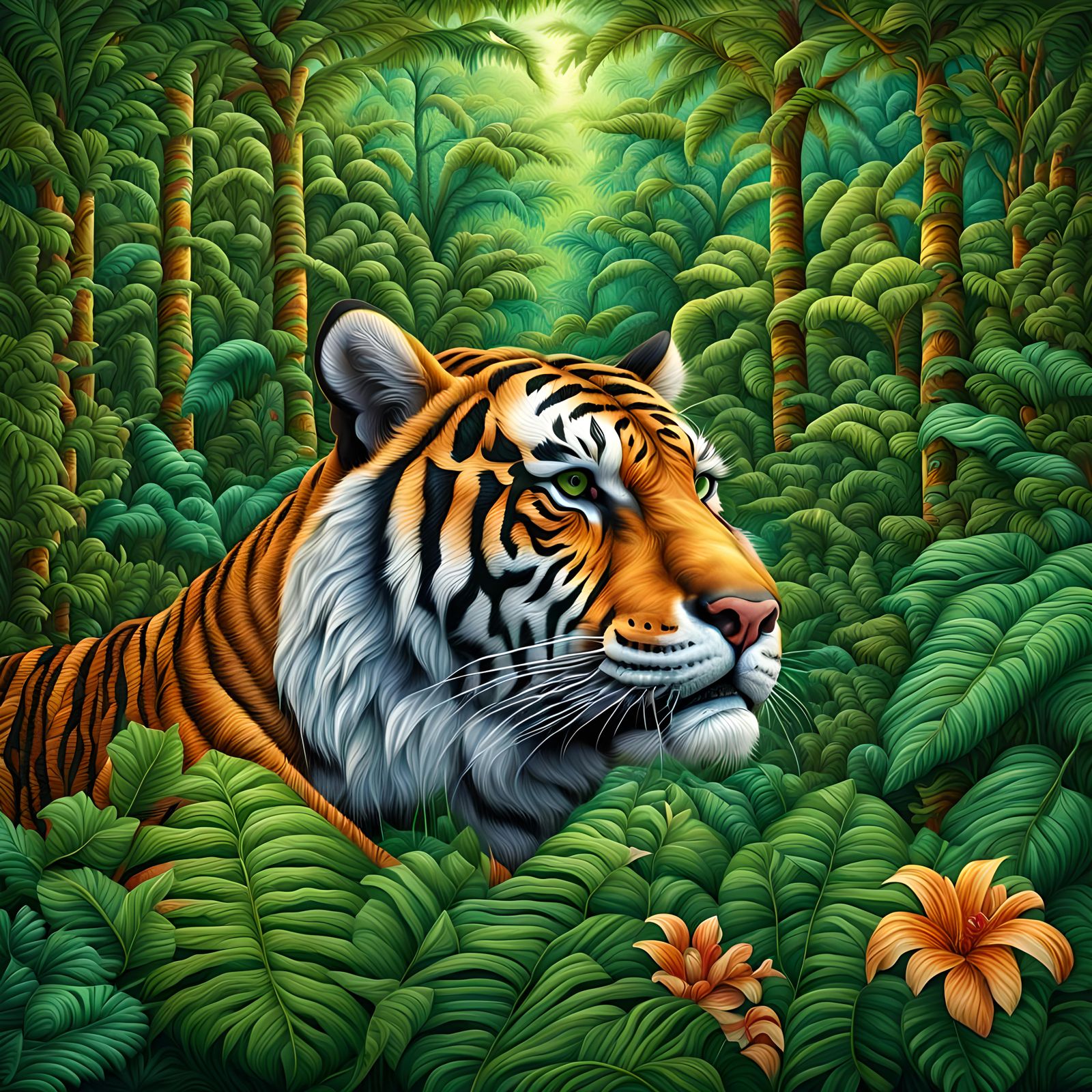 Quilted Tiger in Lush Rainforest, Hyperdetailed HDR