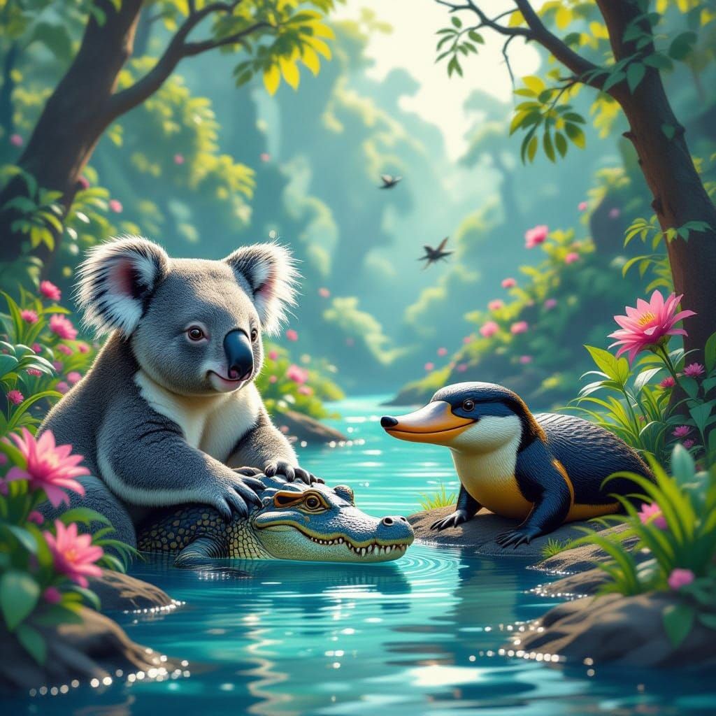 Koala, Crocodile, and Platypus in Fantastical Landscape