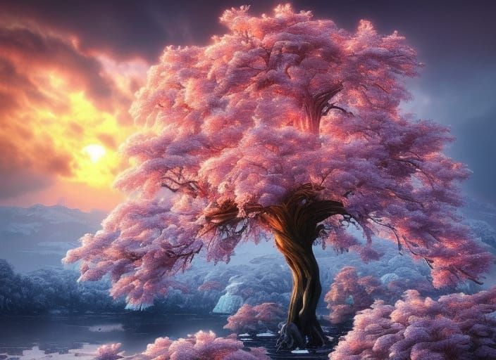 Epic Ice Tree Sunset with Flowers