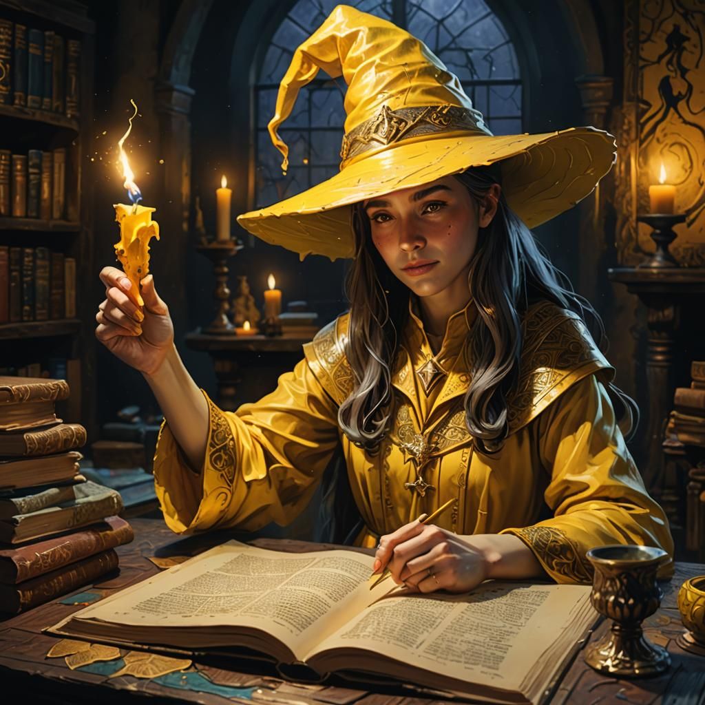 dark room, candle lit, A female wizard dressed in yellow with a yellow hat opening a book and pointing to a random page ...
