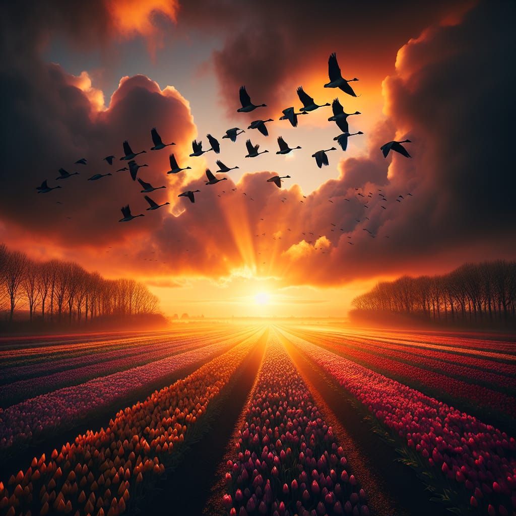 Ethereal Geese in Vibrant Tulip Landscape at Sunrise