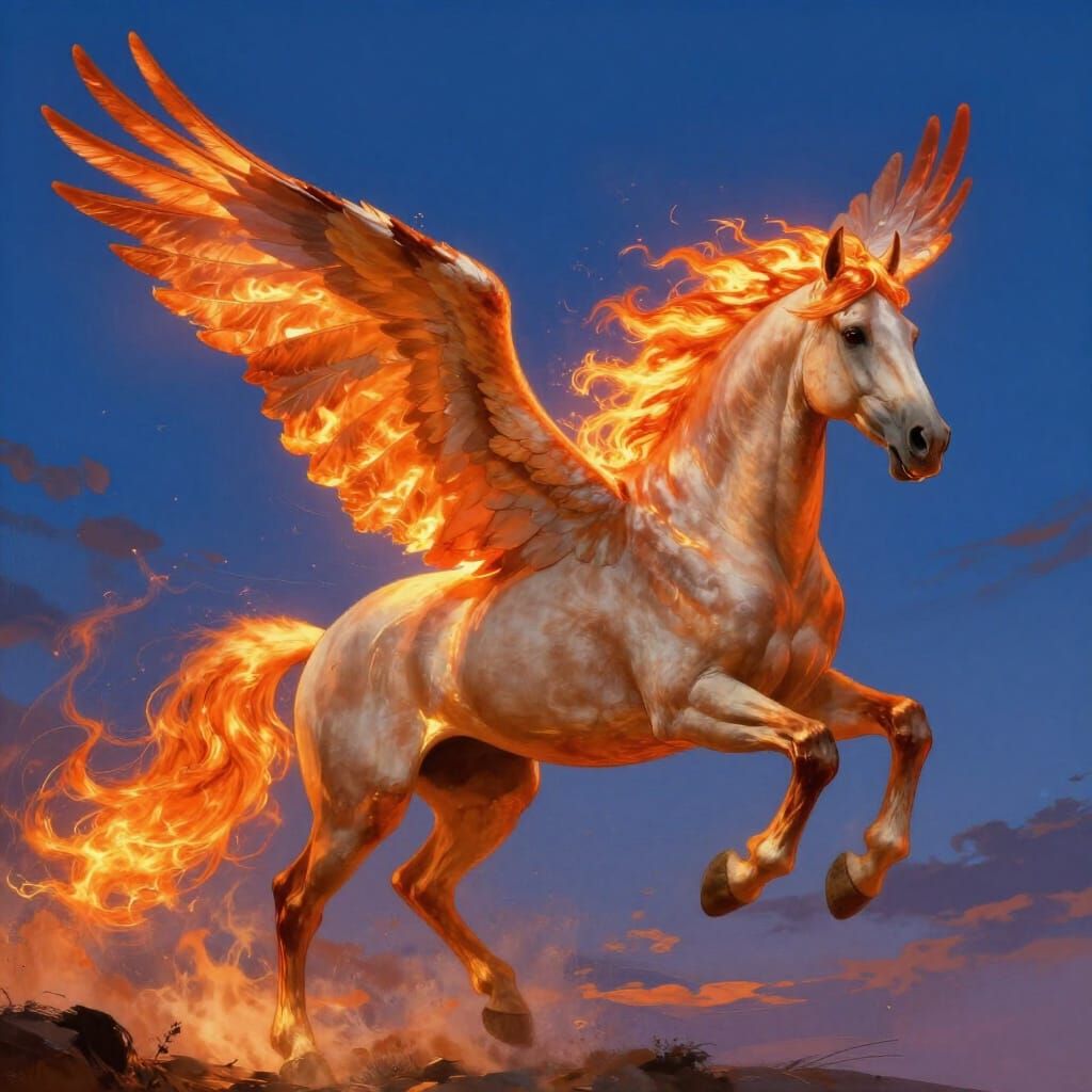 Majestic Fiery Winged Horse in Twilight Sky
