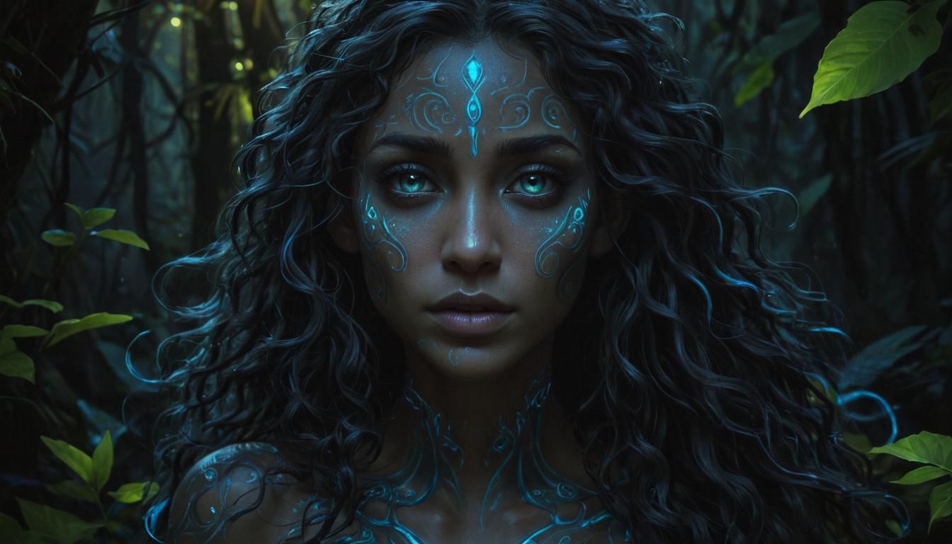 Bioluminescent Elf Portrait in Dark Jungle