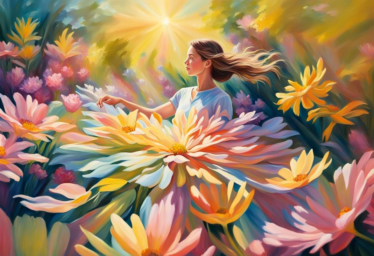 Woman Surrounded by Flowers in Impressionist Oil Painting