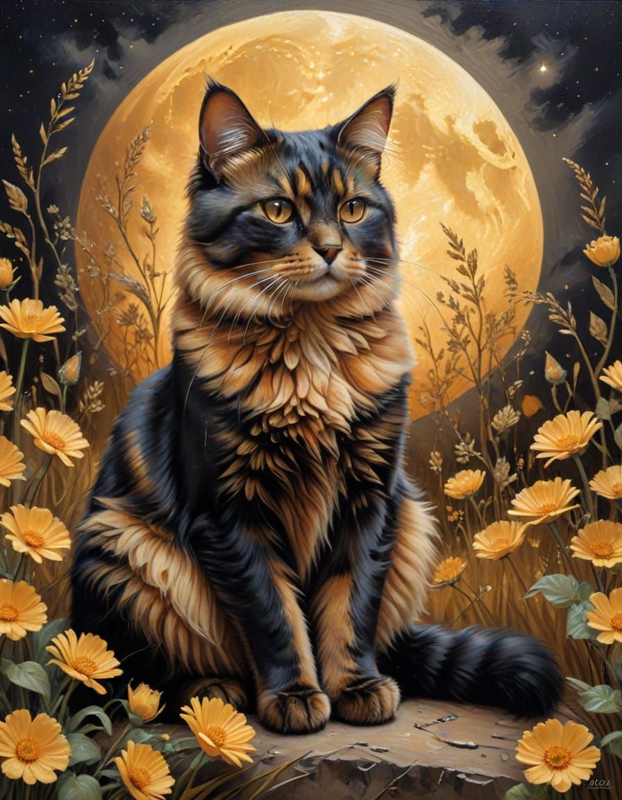 Elegant Tortoiseshell Cat in Golden Landscape Oil Painting