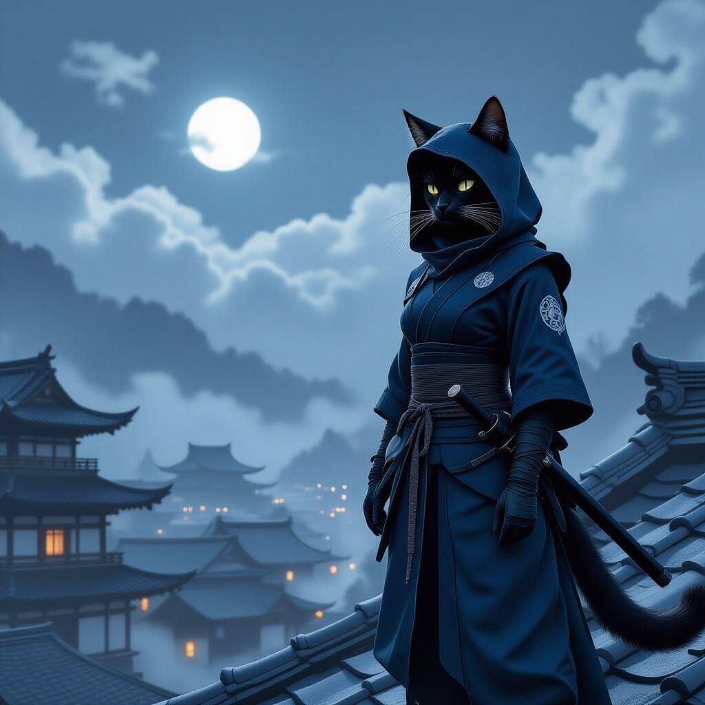 Cat Furry Ninja on Feudal Japanese Rooftop