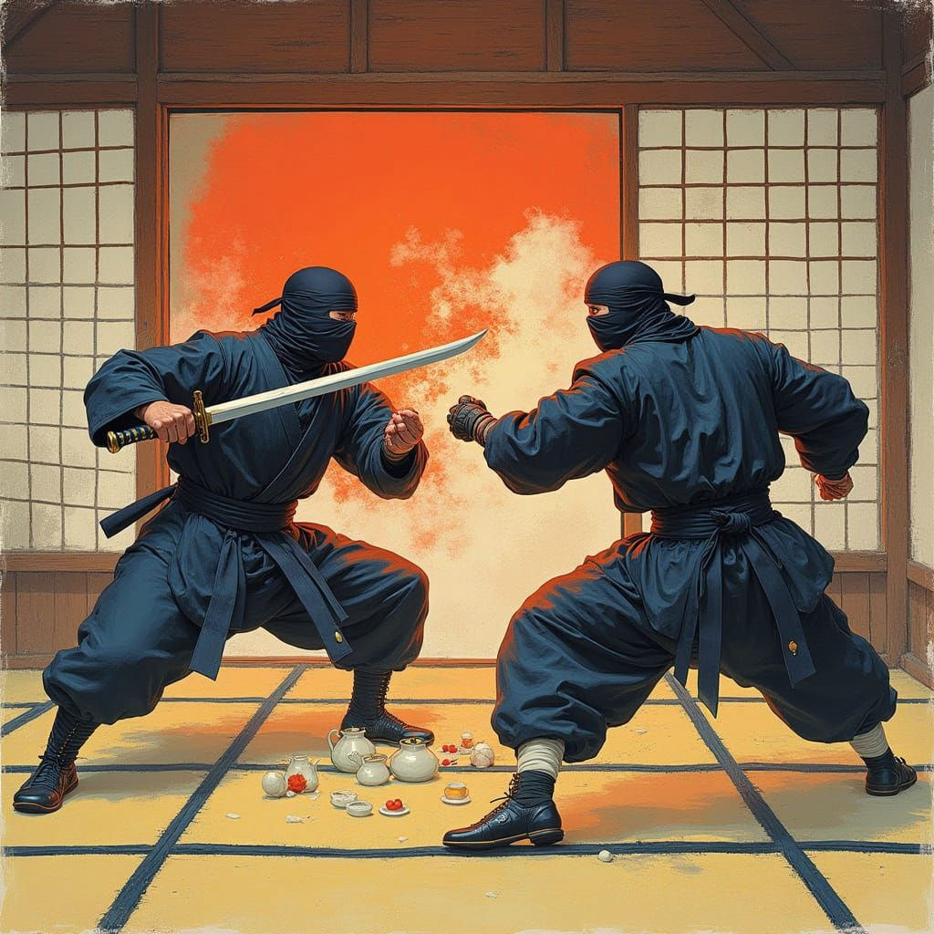 Epic Ninja Battle in Traditional Japanese Dojo
