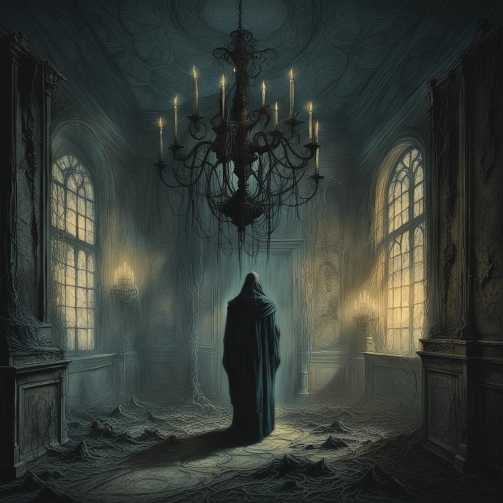 Ghostly Figure in Decaying Mansion, Eerie Surrealism