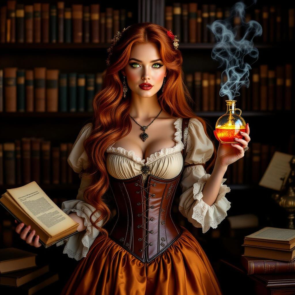 Ethereal Woman with Copper Hair and Magic Flask