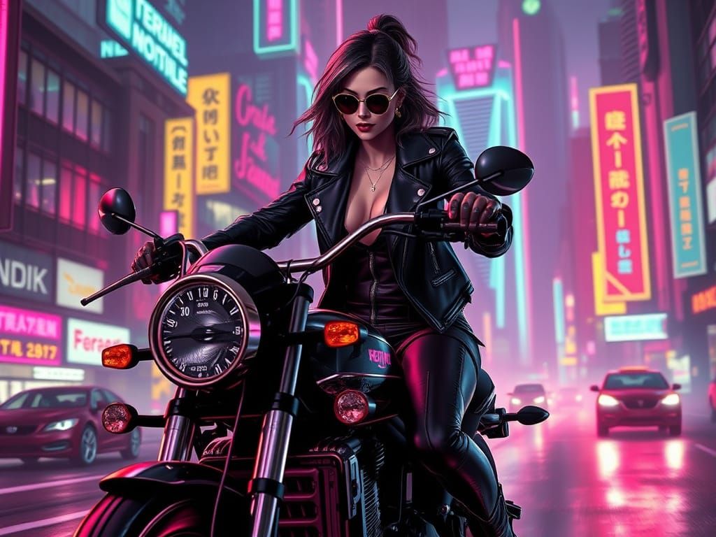 Cyberpunk Woman Riding Futuristic Motorcycle in Neon Citysca...