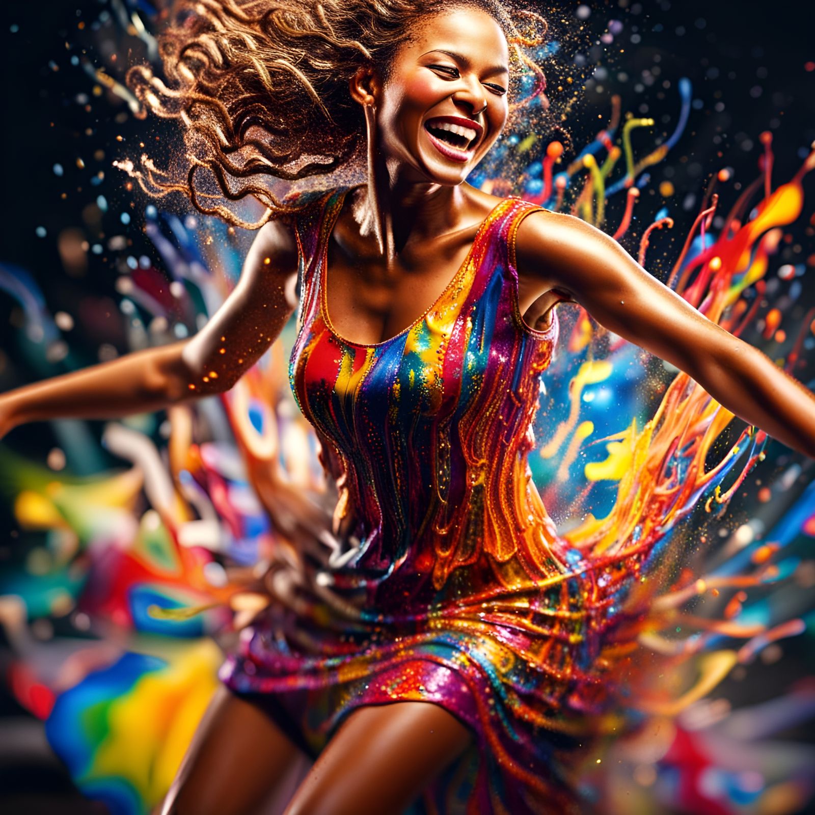 Joyful Woman Dancing in Paint, Photorealistic Tilt-Shift