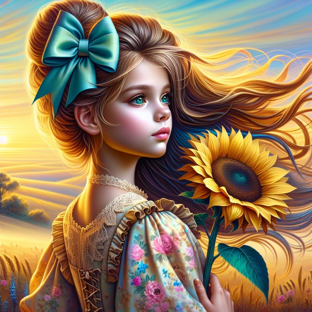 Girl with Sunflower in Airbrush Oil Painting Style