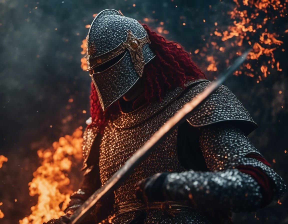 Gem-Armored Knight with Jeweled Sword in Fiery Scene