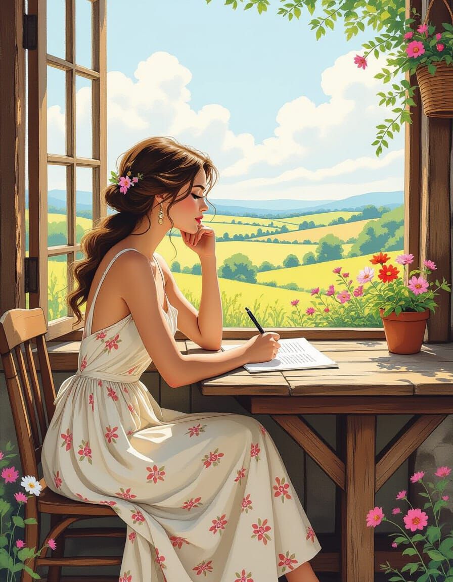 Woman Writing Poetry in Summer Landscape