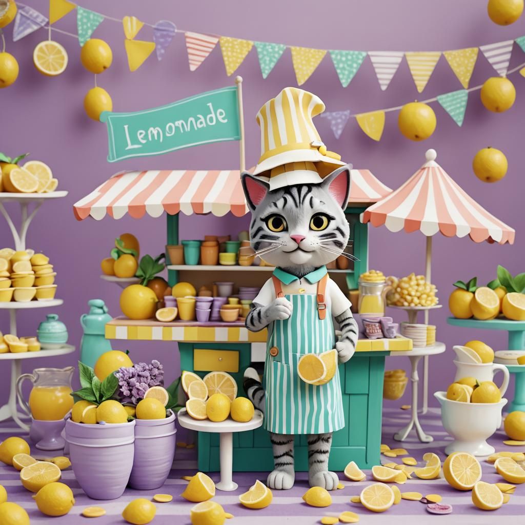 Cat Running Lemonade Stand in 3D Claymation Style