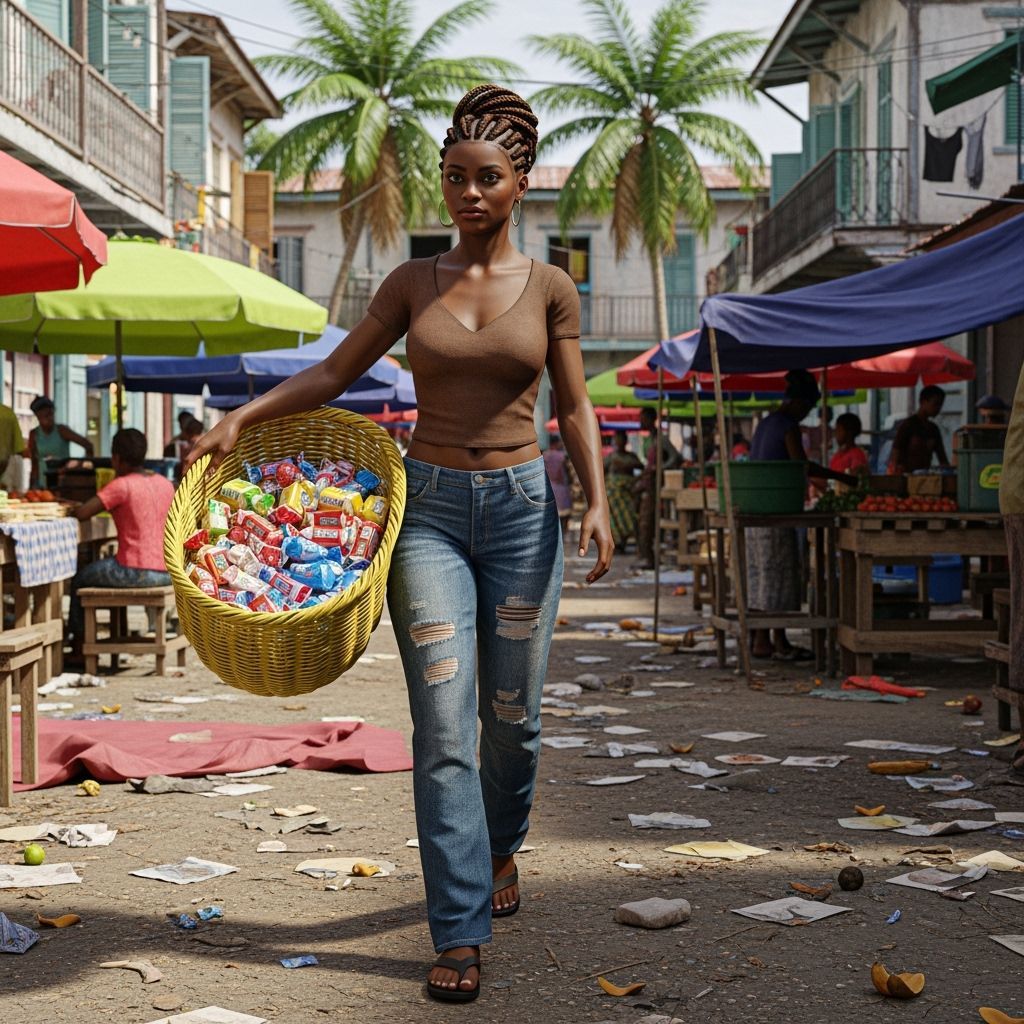 Haitian Woman in Vibrant Market, 3D Realistic Style
