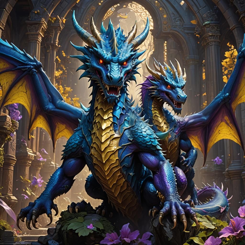 Two-Headed Blue Dragon in Dark Fantasy Style