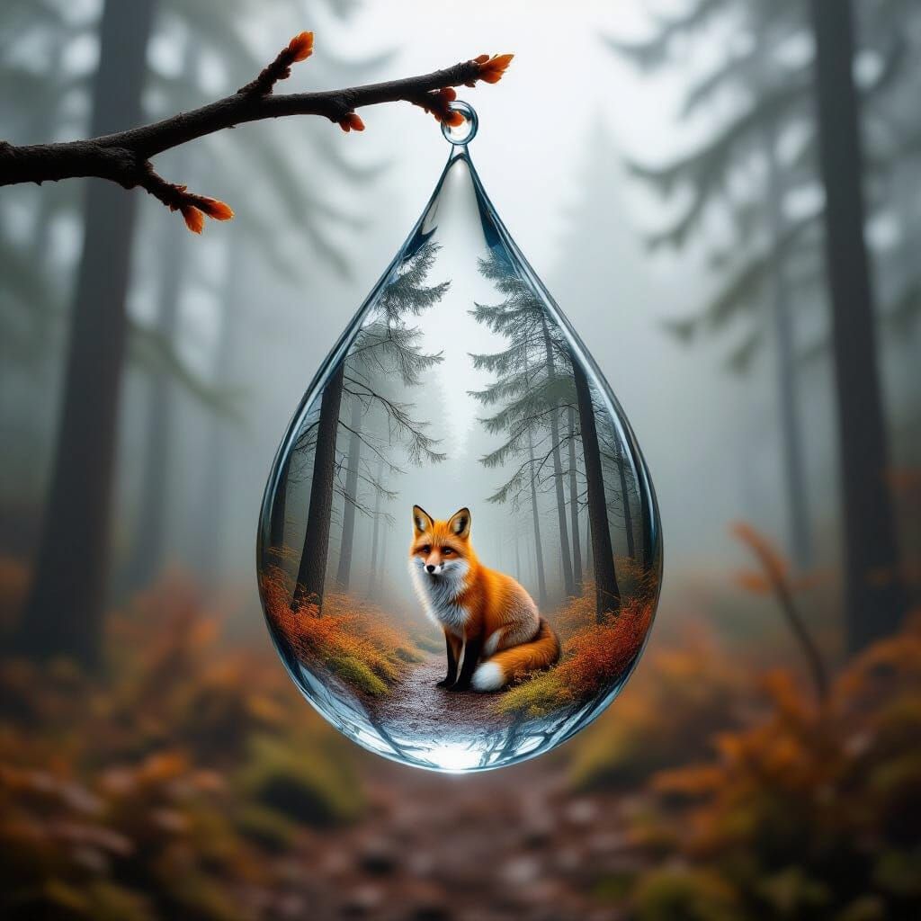 Double Exposure: Raindrop with Forest and Fox