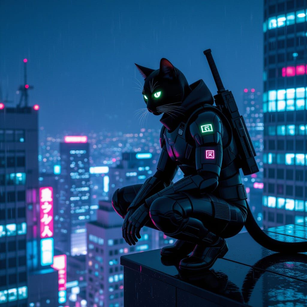 Cybernetic Cat Ninja Surveys Neon Tokyo