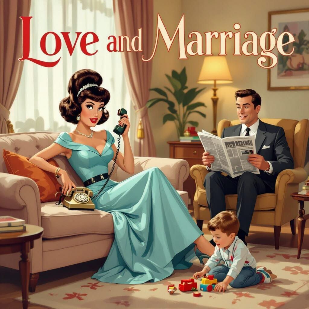 1960s Sitcom Family Scene in Art Deco Style