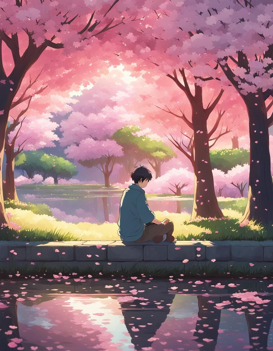 Man Contemplates Cherry Blossoms in Anime Style