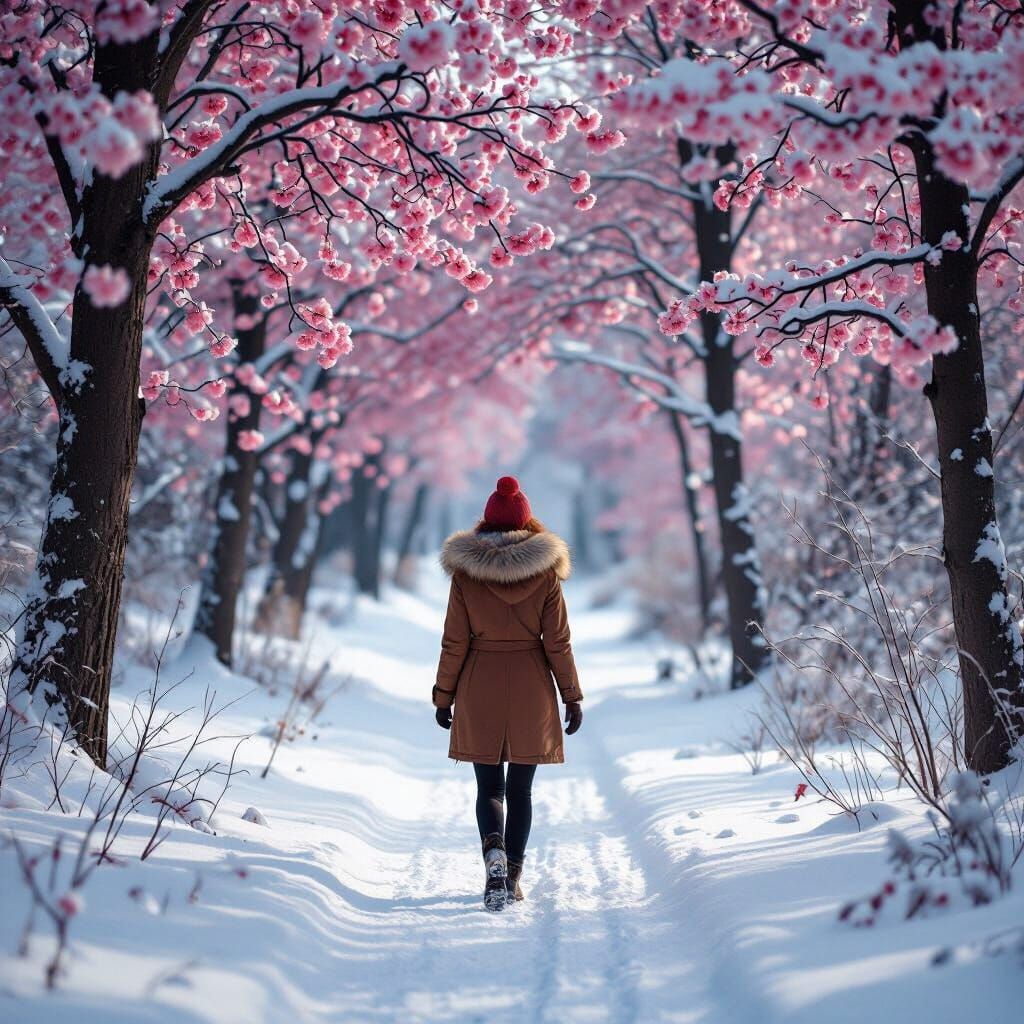 Woman Walks Through Snowy Forest in Bloom