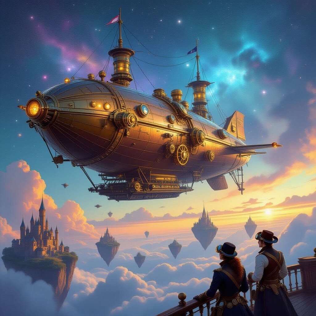 Steampunk Airship Voyage Through Nebula Sky