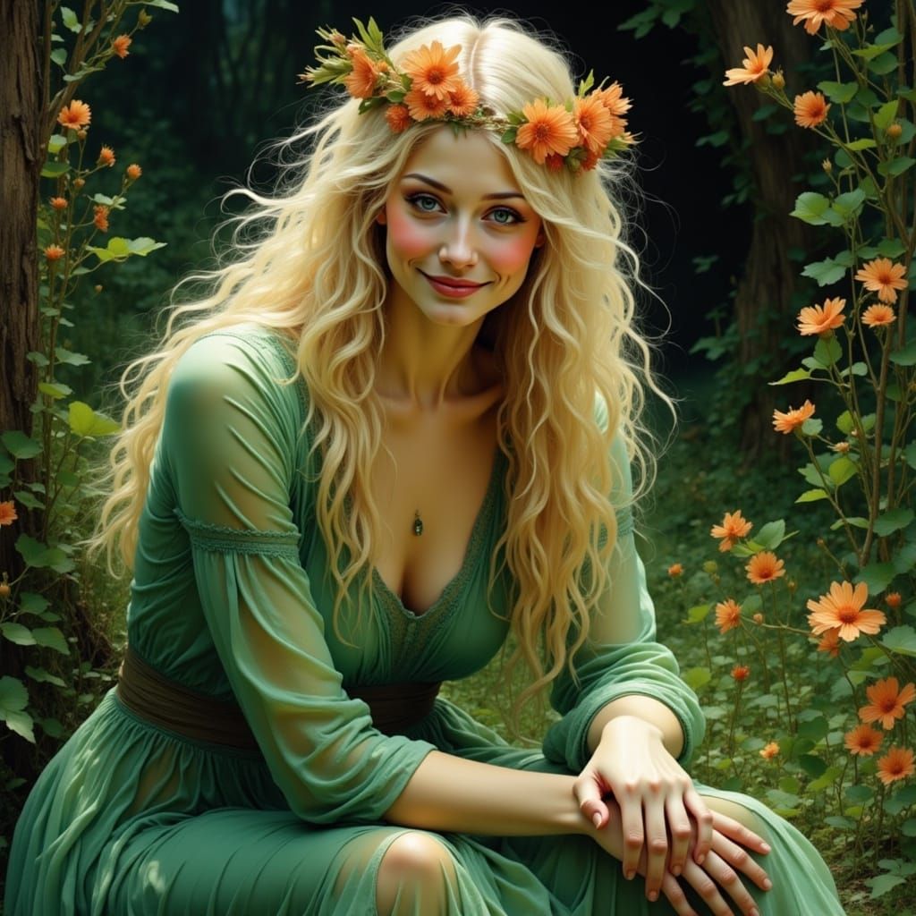 Renaissance Woman by Waterfall with Wildflowers