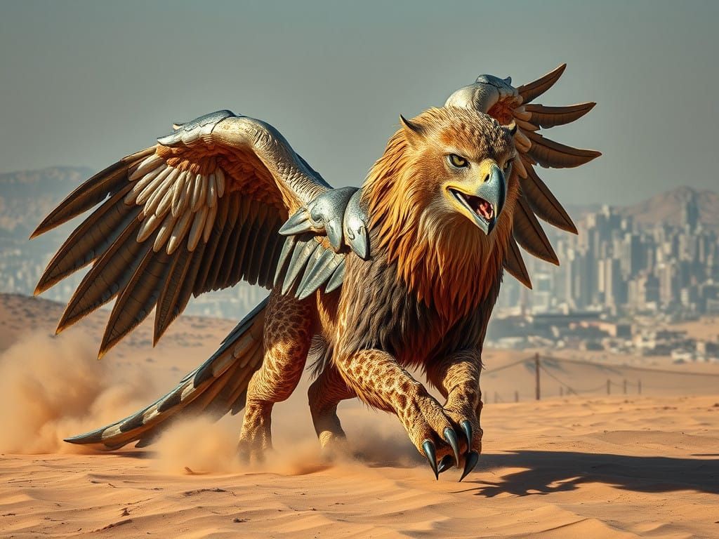 Hyperrealistic Griffin in Majestic Desert Landscape