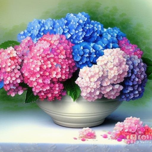 Blue and Pink Hydrangea Watercolor Arrangement