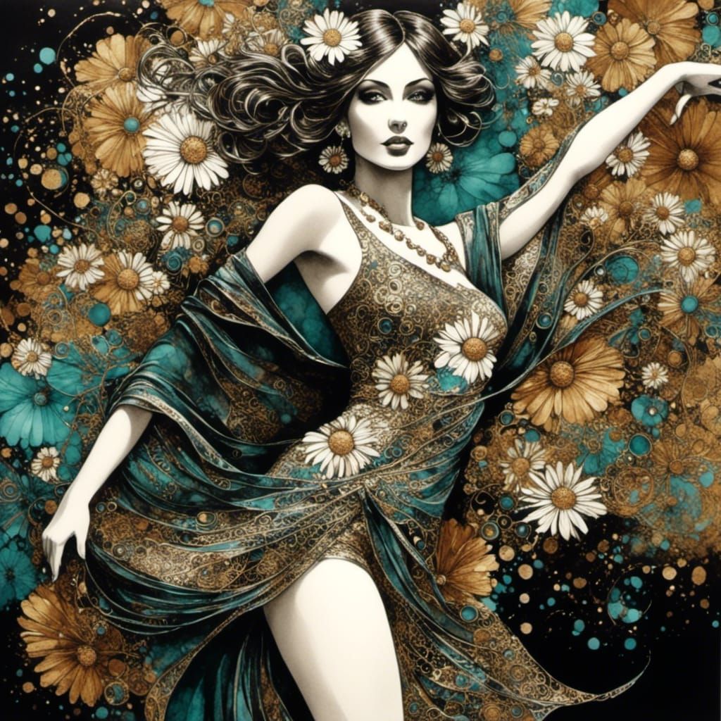 Dancing Woman with Daisies in Alcohol Ink Style