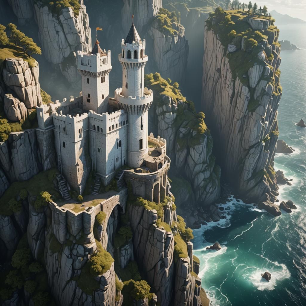 Mythical White Tower Overlooking Sea in Fantasy World