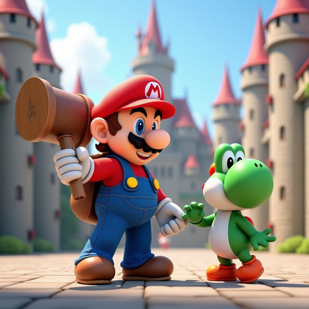 Mario and Yoshi in Castle Courtyard: Anime Style