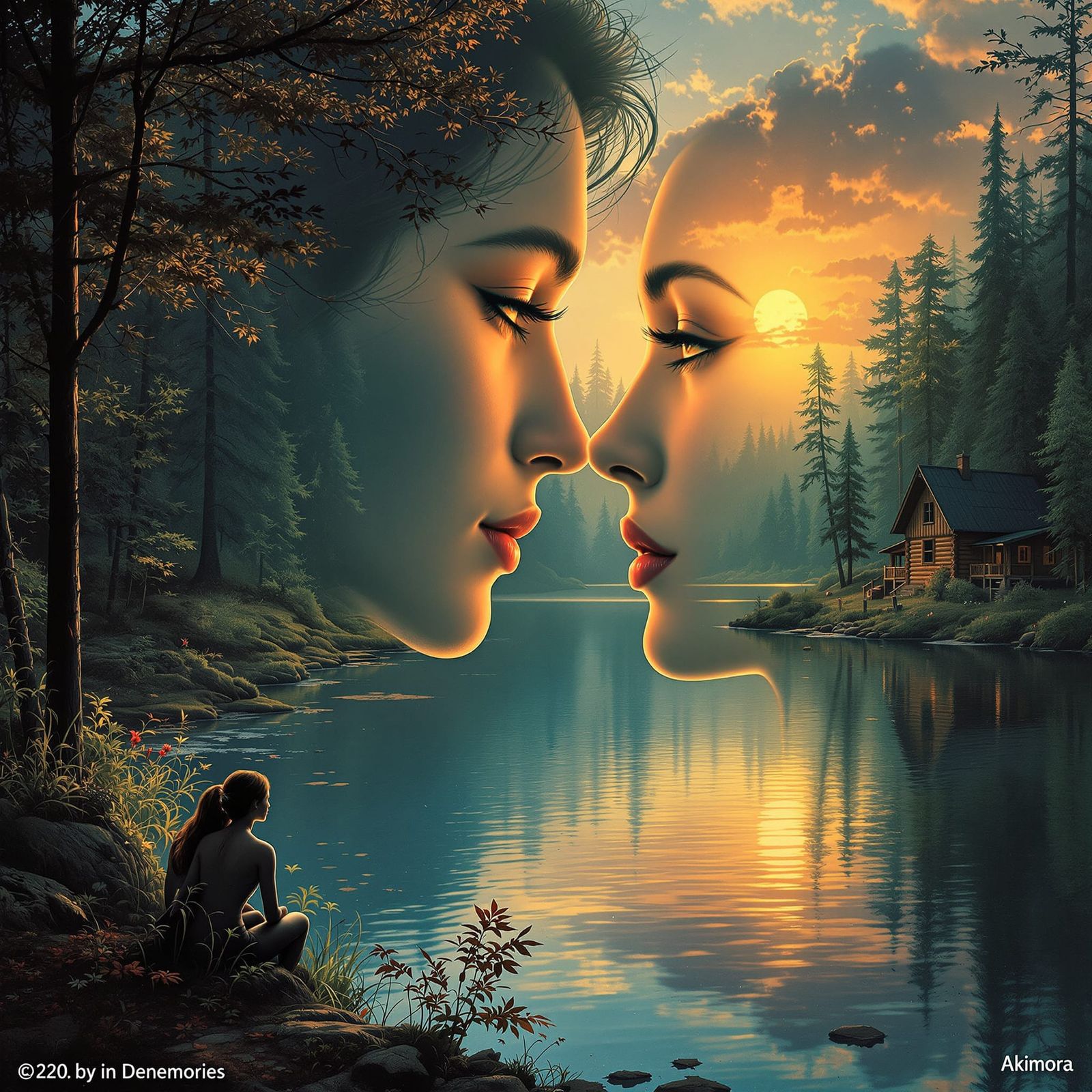 Surreal Forest Lake Scene with Twin Faces