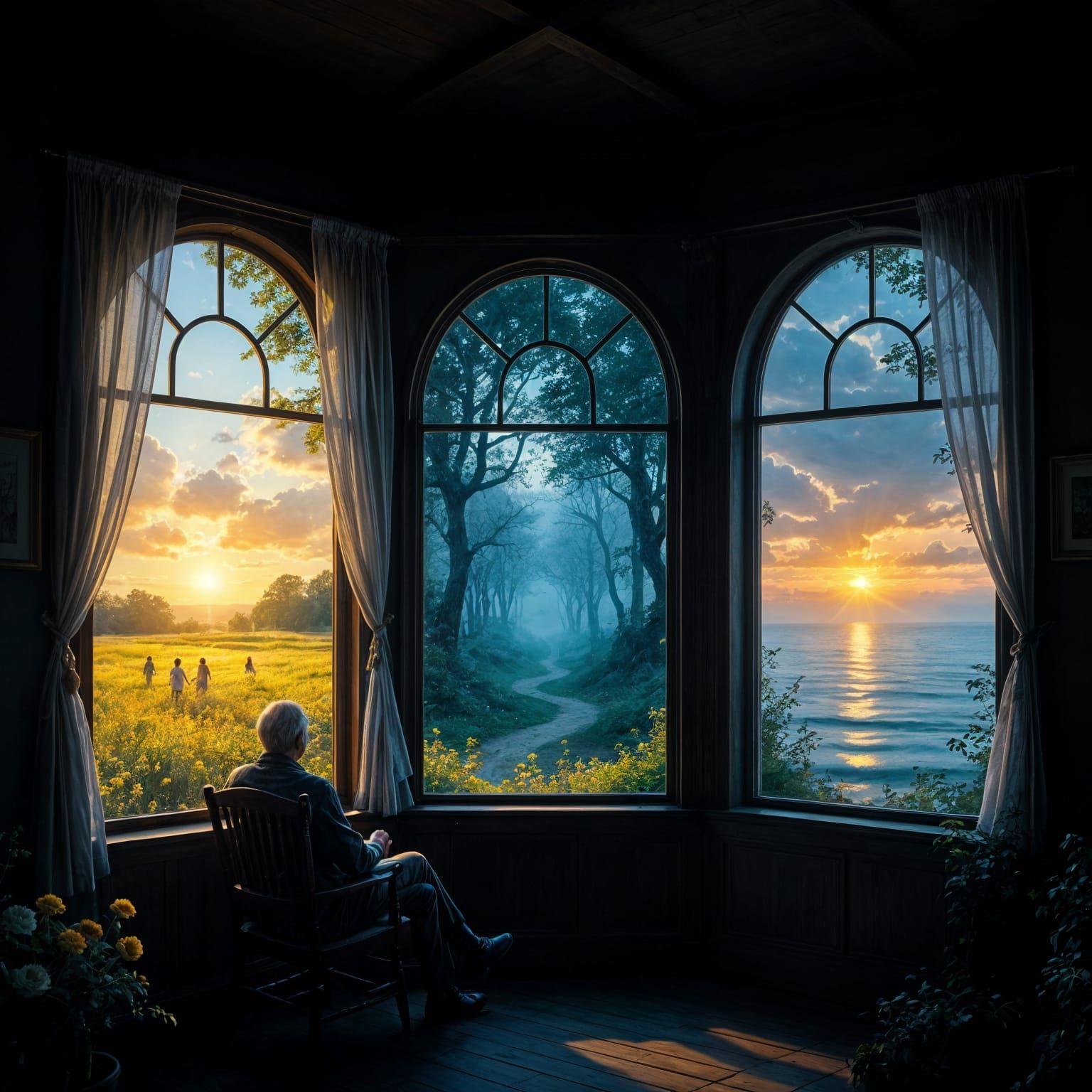 Man Reflects in Twilight House with Three Contrasting Views