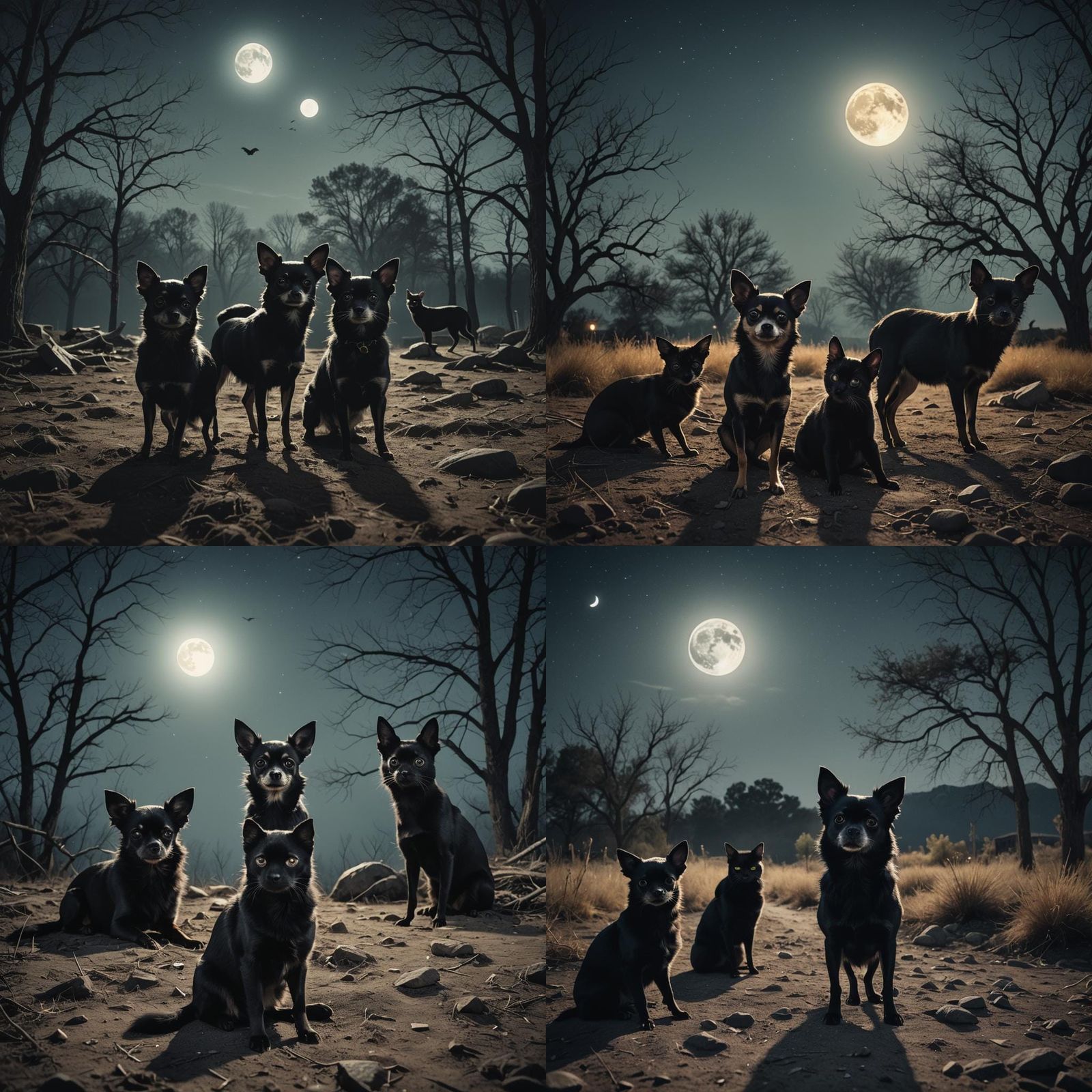 Chihuahuas and Cat in Moonlight: Cinematic Film Still